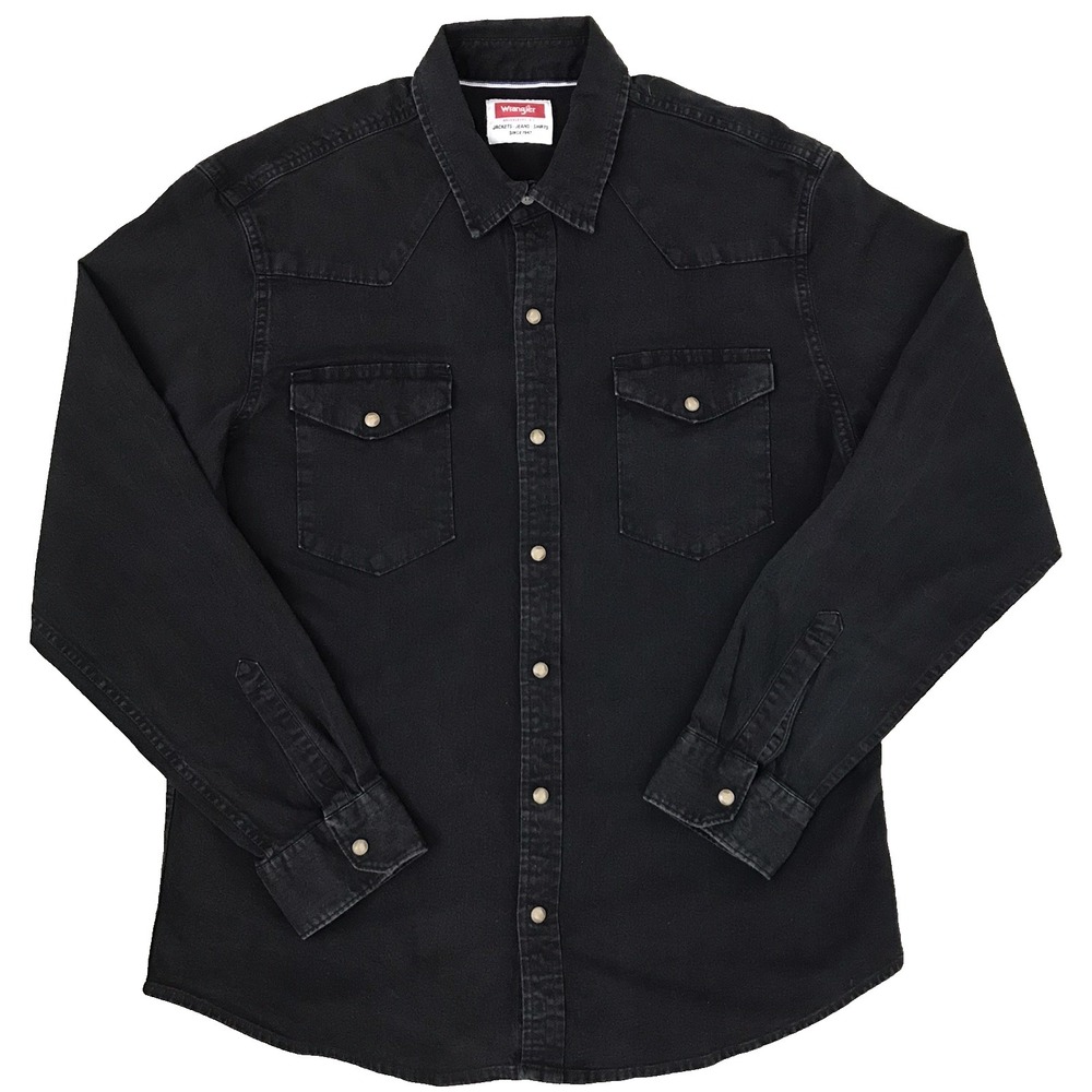 Wrangler Black Denim Shirt Pearl Snap Mens Large Dark Wash Western Yoke Rodeo - Picture 2 of 14
